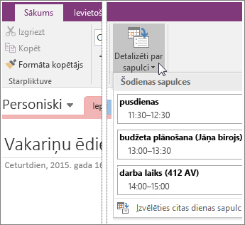 Ekrānuzņēmums, kurā parādīta poga Detalizēti par sapulci programmā OneNote 2016.