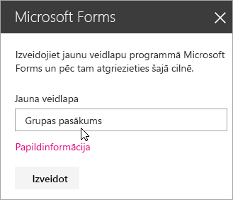 Microsoft Forms tīmekļa daļas panelis jaunai veidlapai.