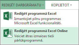 Opcija Rediģēt tīmekļa programmā Excel Online izvēlnē Rediģēt darbgrāmatu