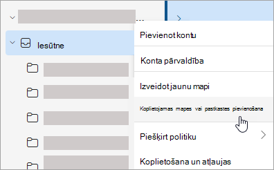 Ekrānuzņēmums, kurā redzama atlase pievienot koplietojamu mapi vai pastkasti