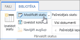 SharePoint Online lentes bibliotēkas cilnes modificēšanas skata opcija