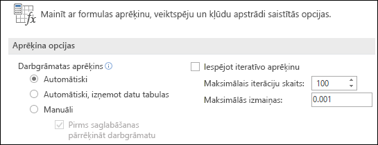 Opciju Automātiskā un manuālā aprēķināšana attēls