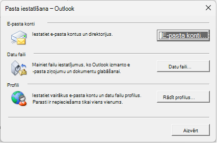 Pasta iestatīšana — Outlook dialoglodziņš, kam var piekļūt, izmantojot pasta iestatījumus programmā vadības panelis.