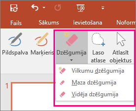 Parāda dzēšgumijas pogu Office sadaļā Rokraksta rīki