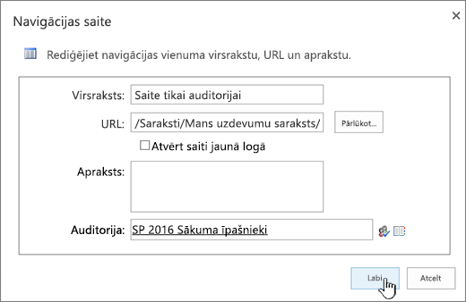 Navigācijas saites rekvizīti ar iezīmētu opciju Labi.