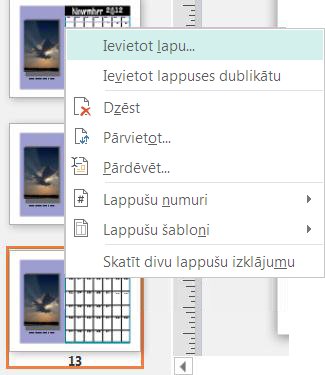 Lai ievietotu lappusi, lappušu navigācijas rūtī ar peles labo pogu noklikšķiniet uz lappuses.