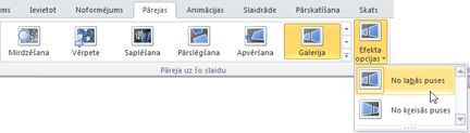 Efektu opcijas grupā Pāreja uz šo slaidu