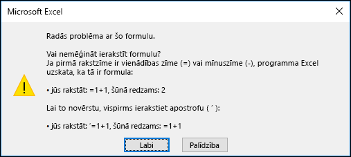 Excel dialoglodziņa "Problēma ar šo formulu" attēls