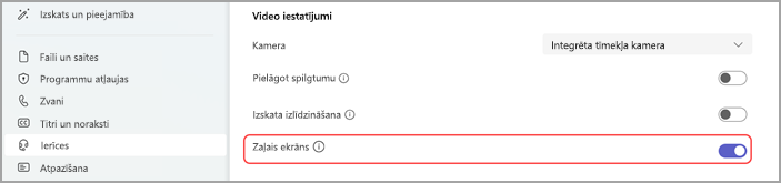Attēls, kurā redzami ierīču iestatījumi pakalpojumā Microsoft Teams, lai iespējotu opciju Zaļais ekrāns