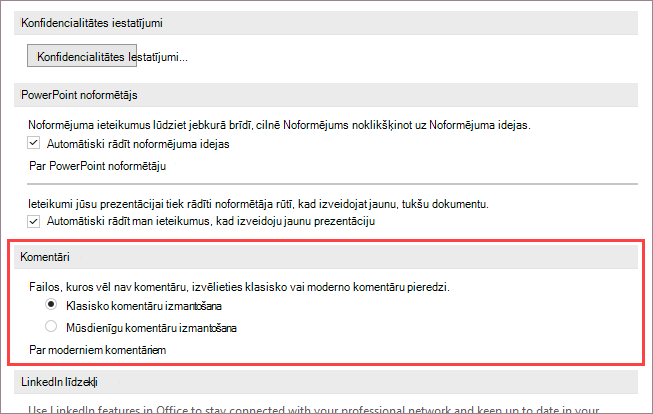 Moderno komentāru opcijas