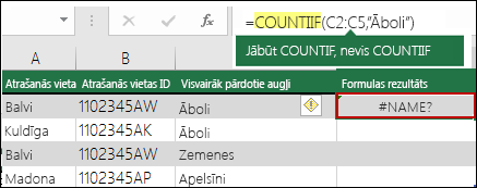#NAME? kļūda, kuru izraisījusi pārrakstīšanās kļūda sintaksē