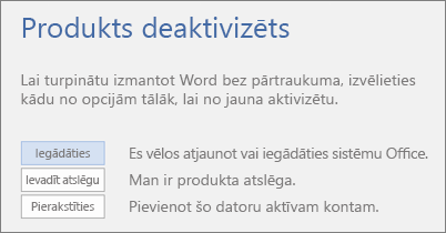 Ekrānuzņēmums, kur redzams kļūdas ziņojums Produkts deaktivizēts