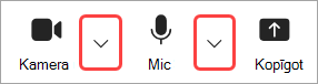 Attēls, kurā izceltas kameras un mikrofona nolaižamās izvēlnes bultiņas Teams sapulču vadīklās.