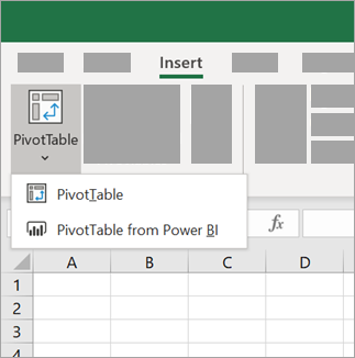 Ievietot rakurstabulas nolaižamo izvēlni, kurā tiek rādīta opcija "no Power BI".