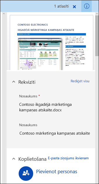 Office 365 Dokumenta metadatu panelis