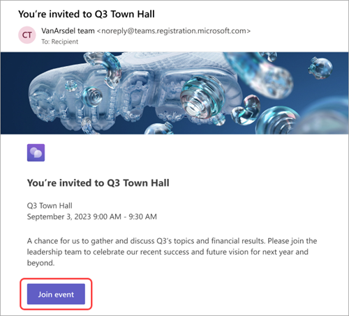 Ekrānuzņēmums, kurā redzams dalībnieku saņemtais e-pasta uzaicinājums, kurā iezīmēts notikums Pievienoties