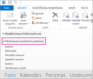 Koplietojamā pastkaste tiek rādīta Outlook mapju rūtī