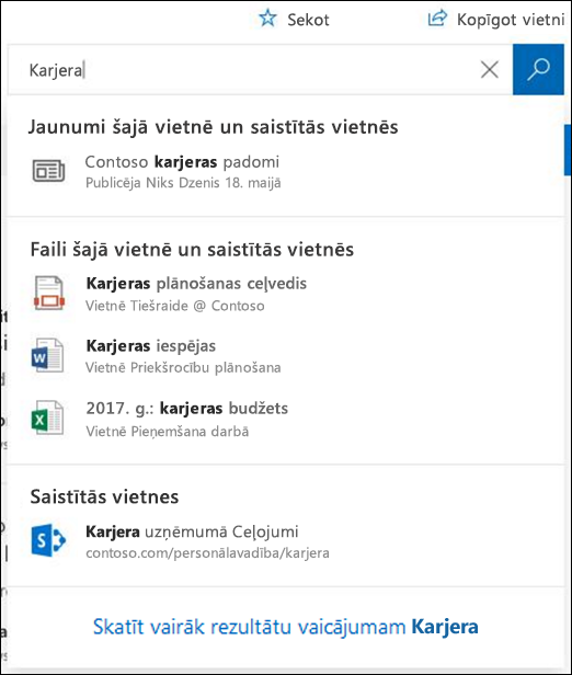 Meklēšanas rezultāti SharePoint centrmezgla vietnē