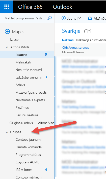 Jūs atradīsit savas grupas navigācijas rūtī, kas atrodas Outlook datora vai tīmekļa versijas kreisajā pusē