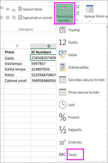 teksta formāta lietošana ar skaitļiem