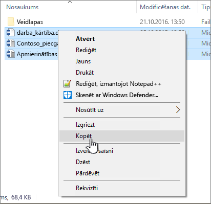 Noklikšķiniet ar peles labo pogu, atlasiet kopēt