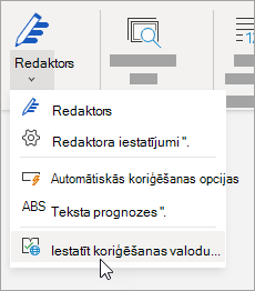 Cilnē Pārskatīšana noklikšķiniet uz Redaktora > Iestatīt koriģēšanas valodu