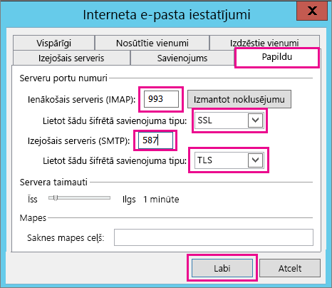 Ievadiet papildu e-pasta iestatījumus.