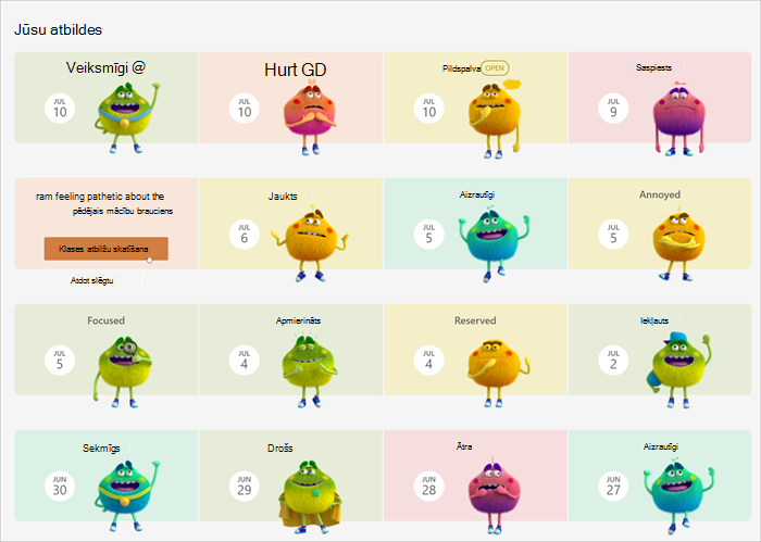 Calendar view of students past responses, a variety of feelings monsters and their named emotions are shown. ja atbildes ir aizvērtas, uz norādes tiek parādīta poga, kas ļauj skolēniem iedziļinties un redzēt, kā viņu klasesbiedri reaģēja.