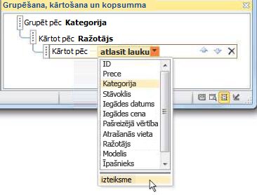 Izteiksmes opcijas izvēle rūtī Grupēšana, kārtošana un kopsumma.