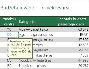 Kad lietotājs atlasa šūnu, tiek parādīts ievades ziņojums