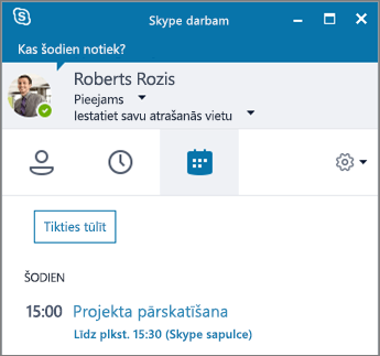 Ekrānuzņēmums ar Skype darbam logu, kurā atvērta cilne Sapulces.