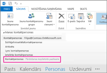 Koplietojamais kontaktpersonu saraksts tiek rādīts Outlook kontaktpersonu rūtī
