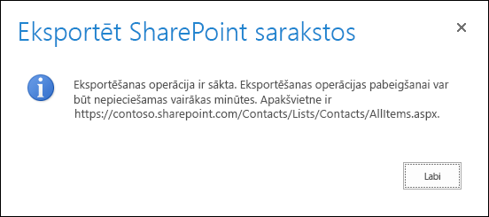 Ekrānuzņēmums, kurā attēlots ziņojums par eksportēšanu uz SharePoint sarakstiem un poga Labi.