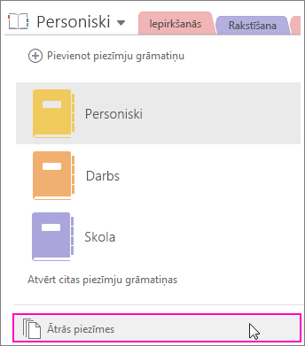 Ekrānuzņēmums, kurā redzama OneNote 2016 piezīmju rūts un iezīmēta ātro piezīmju opcija