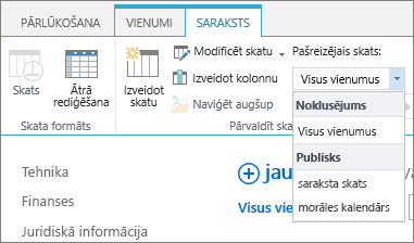 Nolaižamais saraksts ar pašreizējiem saraksta skatiem