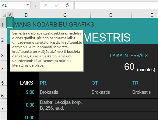 Jauna koledžas mācību kursa vadītāja Excel veidne ar elementu aprakstiem.