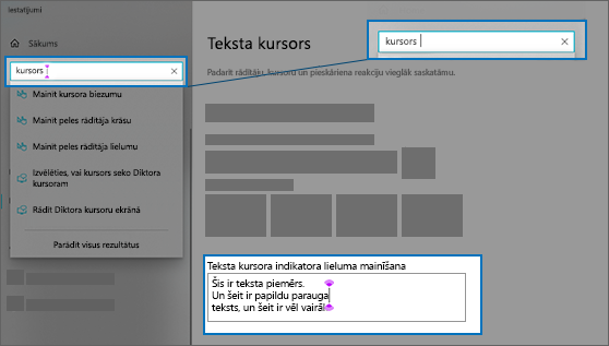 Teksta kursora iestatījumu lapa