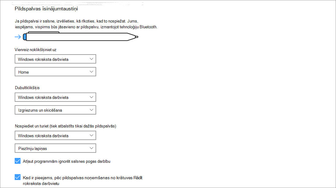 Pildspalvas saīšņu iestatījumi sadaļā Sākums > Iestatījumi > Ierīces > Pildspalva un Windows Ink.