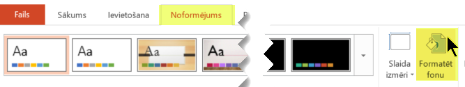 Poga Formatēt fonu atrodas programmas PowerPoint lentes cilnē Noformējums