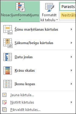 Izvēlne Nosacījumformatēšana ar iezīmētu elementu Pārvaldīt kārtulas