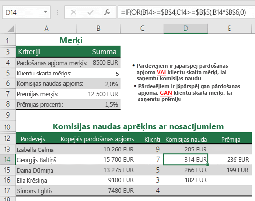 IF un OR izmantošanas piemērs, lai aprēķinu pārdošanas komisiju.