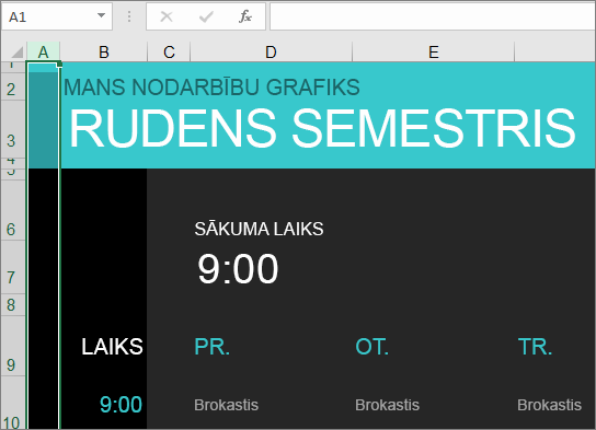 Veca koledžas mācību kursa vadītāja Excel veidne, kurā nav iekļauti elementu apraksti.