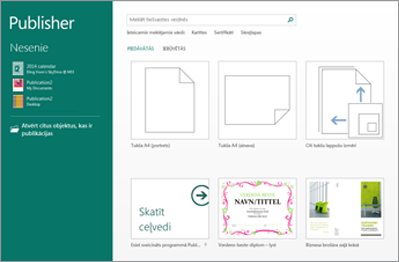 Ekrānuzņēmums ar veidnēm Publisher sākuma ekrānā.