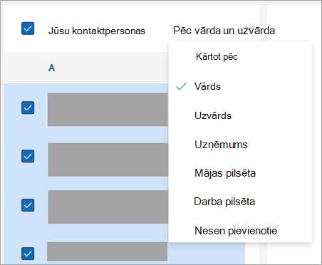 Kontaktpersonu kārtošanas opciju ekrānuzņēmums