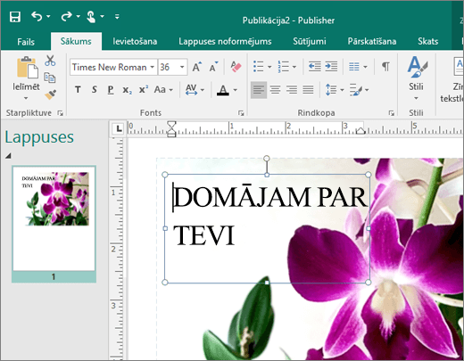 Ekrānuzņēmums ar tekstlodziņu Publisher faila lapā.