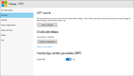 Ekrānuzņēmums, kurā redzams Surface UEFI drošības ekrāns.