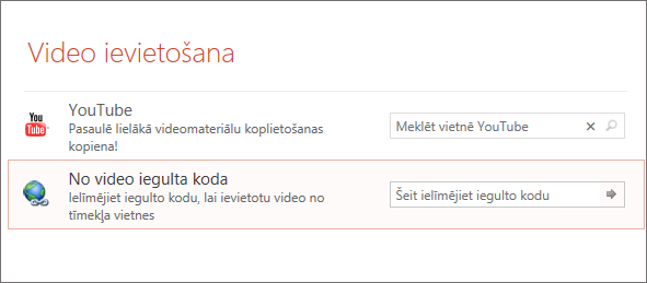 Rāda video iegulšanas opciju programmā powerpoint