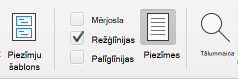 Ekrānuzņēmums ar izvēles rūtiņu Režģlīnijas programmas Microsoft PowerPoint cilnē Skats.