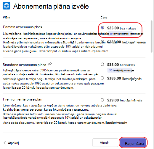 Atlasiet lietojumprogrammas abonementa plānu