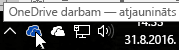 Ekrānuzņēmums, kurā redzams kursors virs zilās OneDrive ikonas, ar tekstu OneDrive darbam.